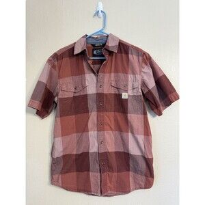 Carhartt Men's Plaid Cotton Short Sleeve Button-Up Shirt Red Pink Brown Size M